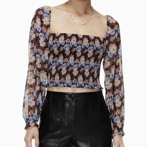 Aritzia Wilfred Floral Large Puff Sleeve Top Saga Smocked Milkmaid Dark Fairy